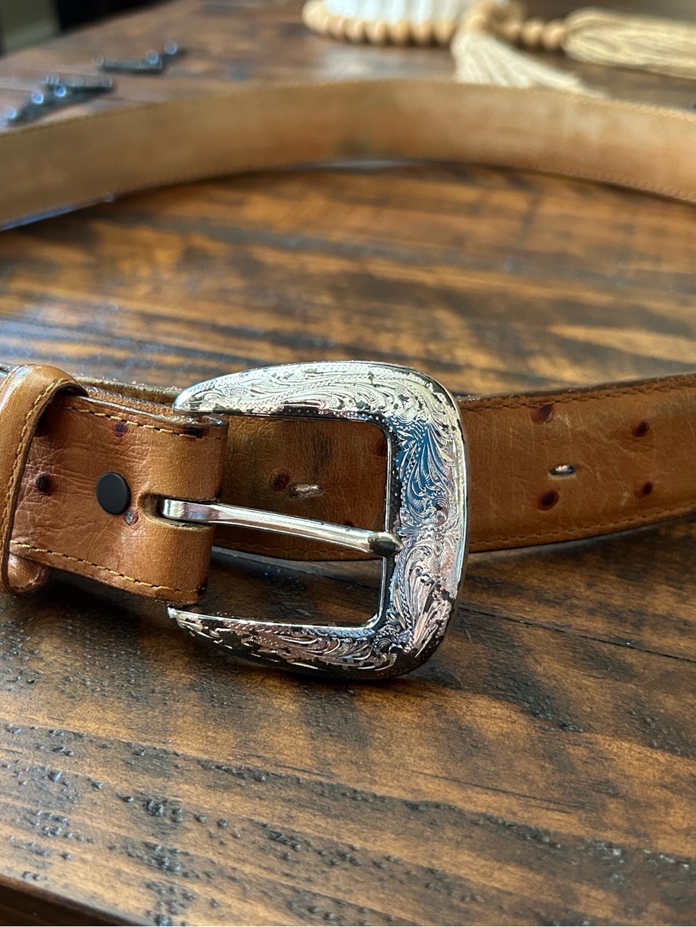 Tony Lama Men’s Leather Ostrich Belt with Silver Buckle Size 38